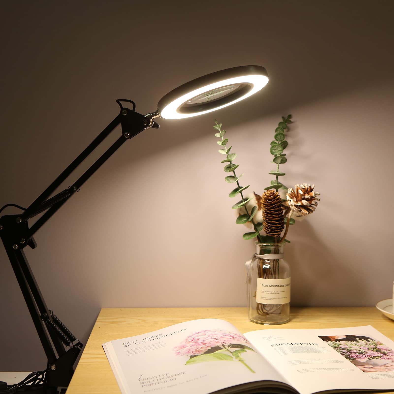Neoglint Lupe mit Licht,Lupenlampe 8-fache Lupe,64 Dimmbare LED,12W 1200LM,3 Farbmodi,10 Helligkeitsstufen,Schwenkarm und Klemme,Lupe mit Licht und Ständer Kosmetiklampe Led Lupenleuchte-Klein Schwarz