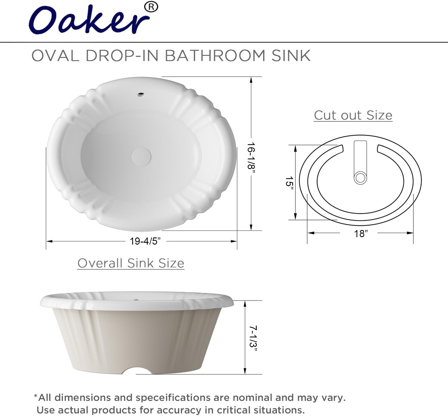 Oaker 1126 Drop-in Bathroom Sink Oval Single Bowl with Overflow, Overall size: 19-4/5" (W) x 16-1/8" (D) x 7-1/3" (H), cUPC Certified, White