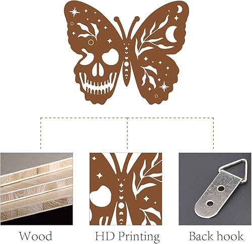 Miniatura 3 de CREATCABIN Arte de pared de madera de mariposa, decoración de pared de calavera, escultura cortada con láser, decoración de bruja colgante con