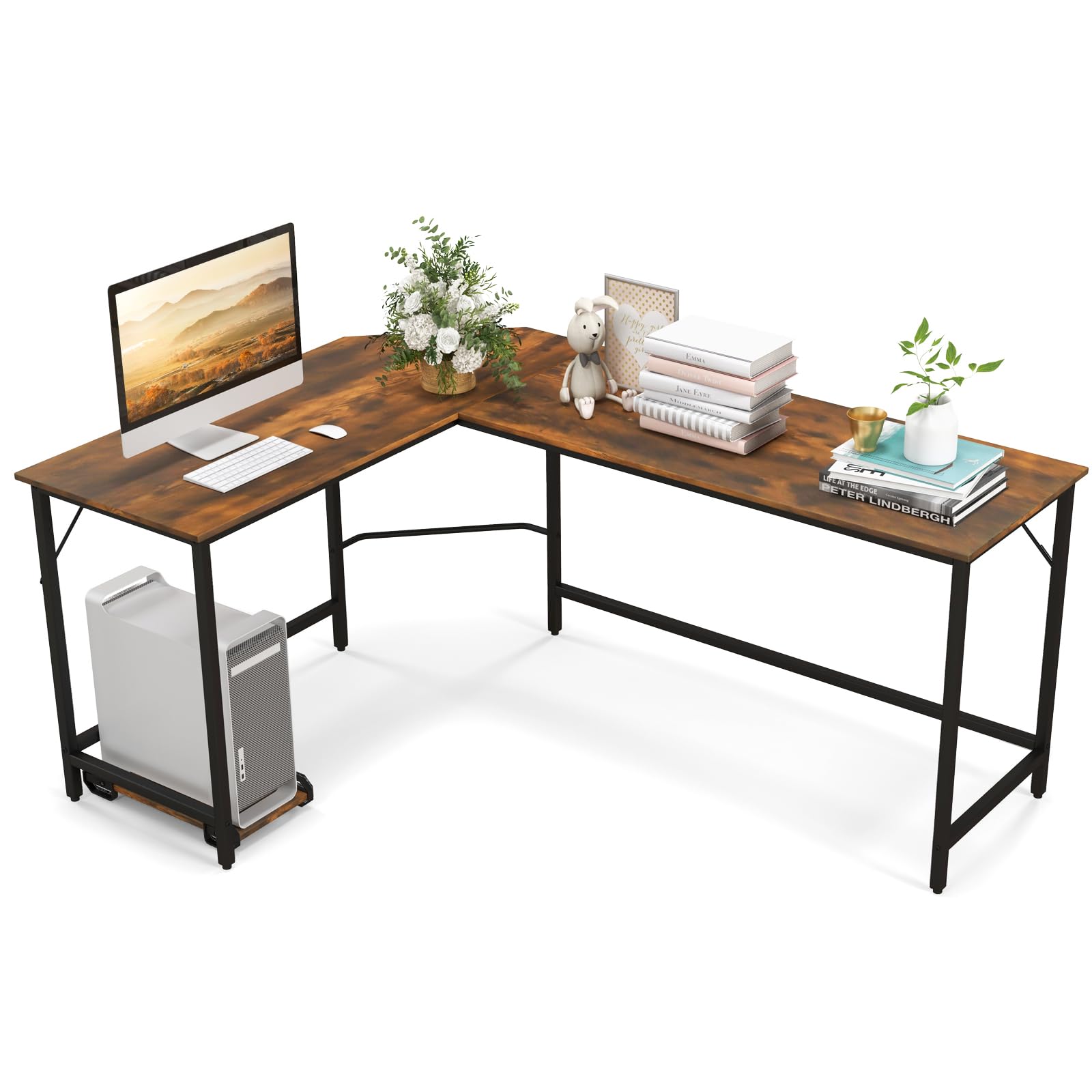 COSTWAY L-Shaped Computer Desk, 168 x 125 x 75cm Modern Large Corner Desk Writing Study Table with Power Outlet, Wooden Metal Frame Home Office PC Laptop Gaming Workstation (Rustic Brown)