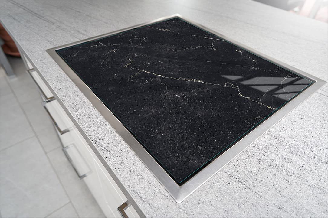 Copri piano cottura induzione 70x52 cm copertura per piano cottura in vetroceramica 1 pezzi universale per piastre di cottura paraspruzzi tagliere in vetro temprato, Marmo nero