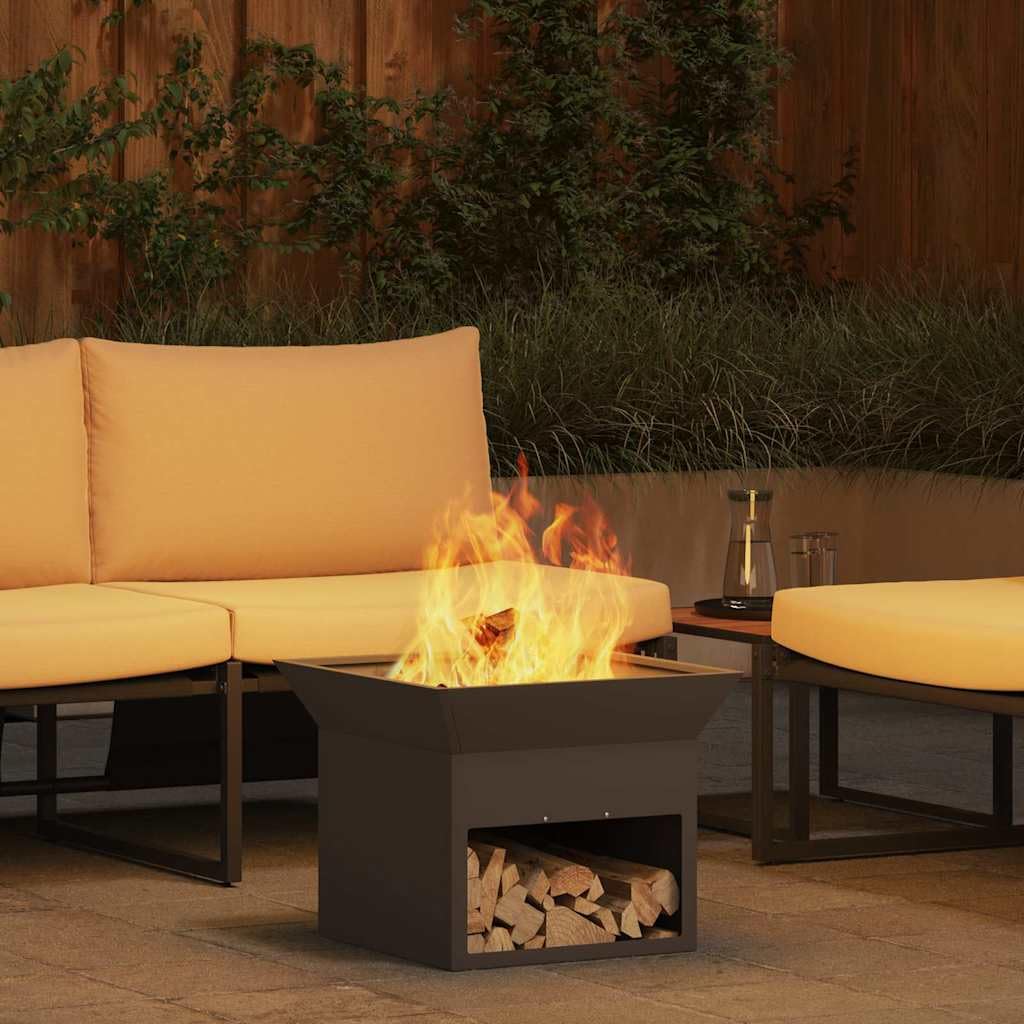 Feuerstelle Schwarz aus Stahl 50 x 50 x 40 cm für Terrasse und Garten, Outdoor Feuerstelle, Kamin Ofen, Schornstein, Heizkassette für Wärme und Deko im Außenbereich