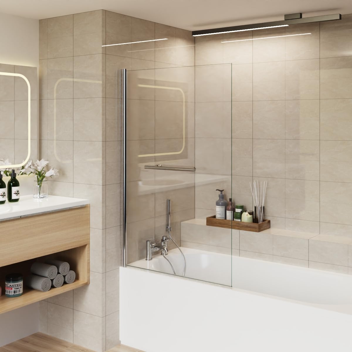 Aquariss 800x1400mm Square Pivot Bath Shower Screen 6mm Easy Clean Tempered Safety Glass Reversible Door Panel Chrome with Stainless Steel Towel Rail