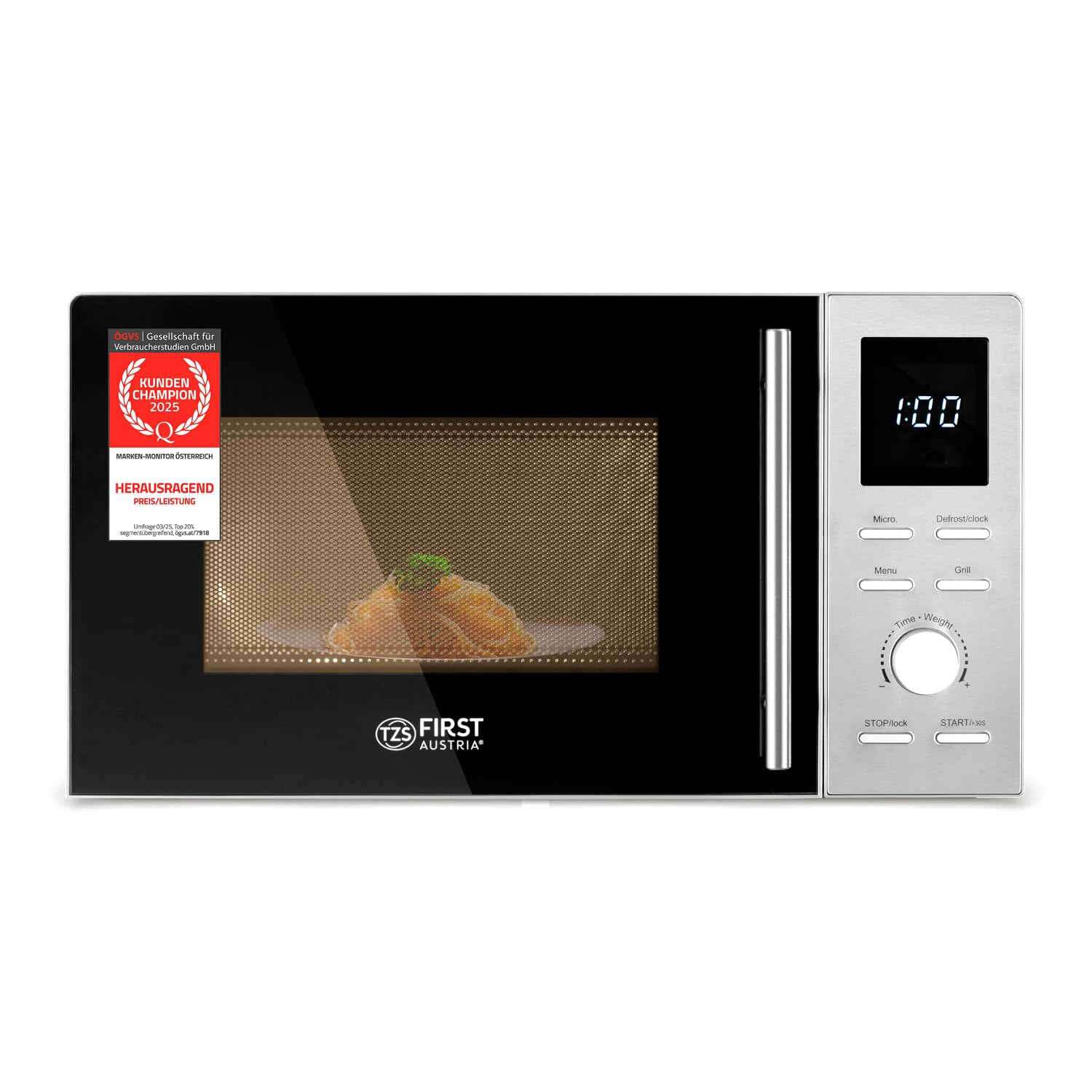 TZS First Austria - Mikrowelle mit Grill - 2-in-1 Mikrowellenofen - 20 Liter - 700 W Mikrowelle & 800 W Grill - Schnellstart - 8 Programme - LCD-Display - Edelstahl