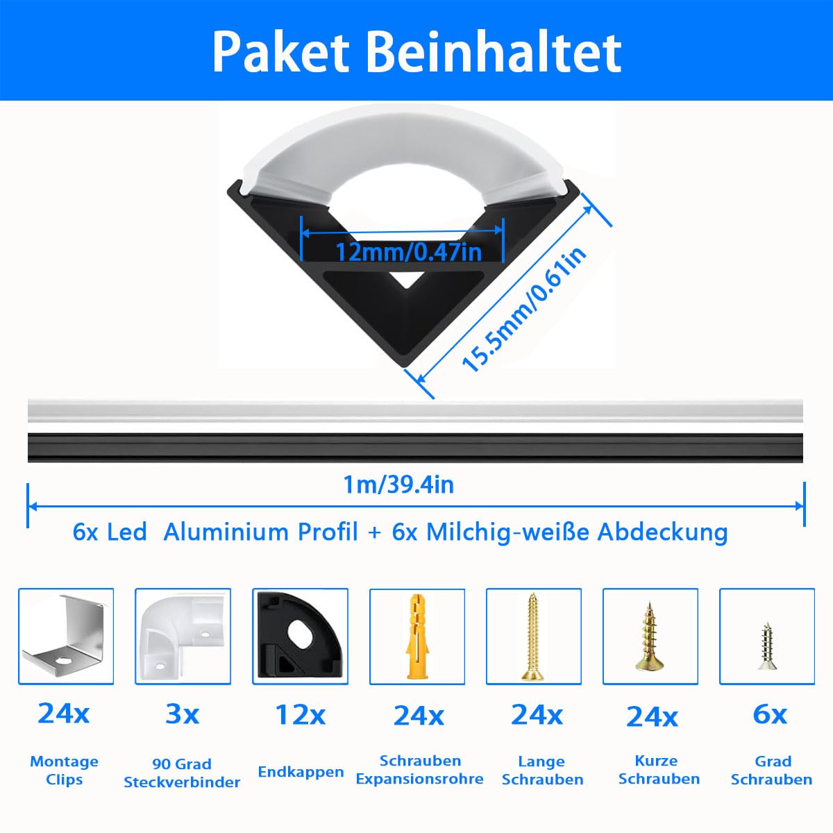 LED Kanal Schwarz, 6X1M Stripe Profil V Form Aluminium Profil für 10mm LED Streifen, Stripes Kanäle Leiste Aluprofil Eckprofil Strip Diffusor mit Milchig Weißer Abdeckung und 45 Grad Eckverbindern