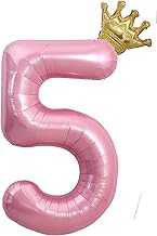 Foil Balloon Number 5, VUCDXOP 101 CM Pink 5th Birthday Balloon with Crown, Helium Balloons Number 5, Decoration 5 Birthday Children, Giant Number Balloons for Parties, Flying with Helium