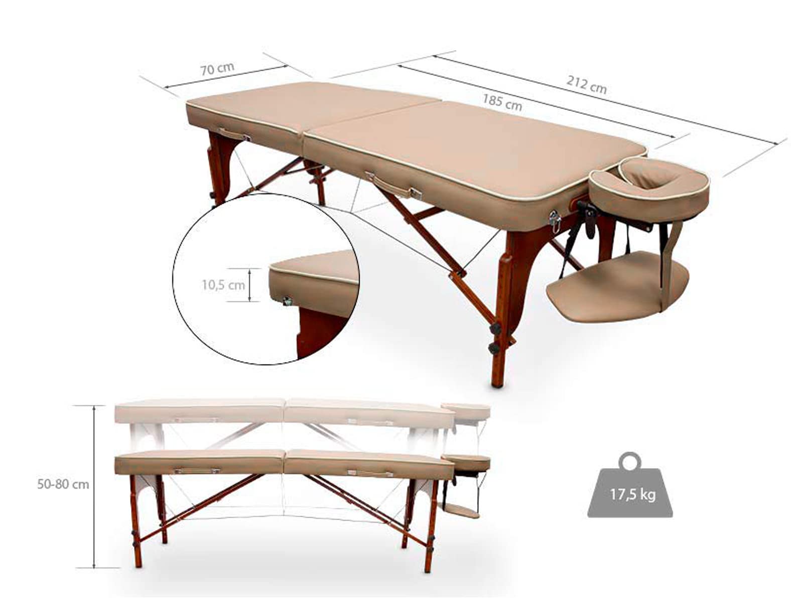 QUIRUMED Lettino da massaggio per SPA, portatile, in legno, colore beige, legno verniciato, similpelle, imbottitura ad alta densità, altezza regolabile, pieghevole, testa rimovibile, fino a 210 kg