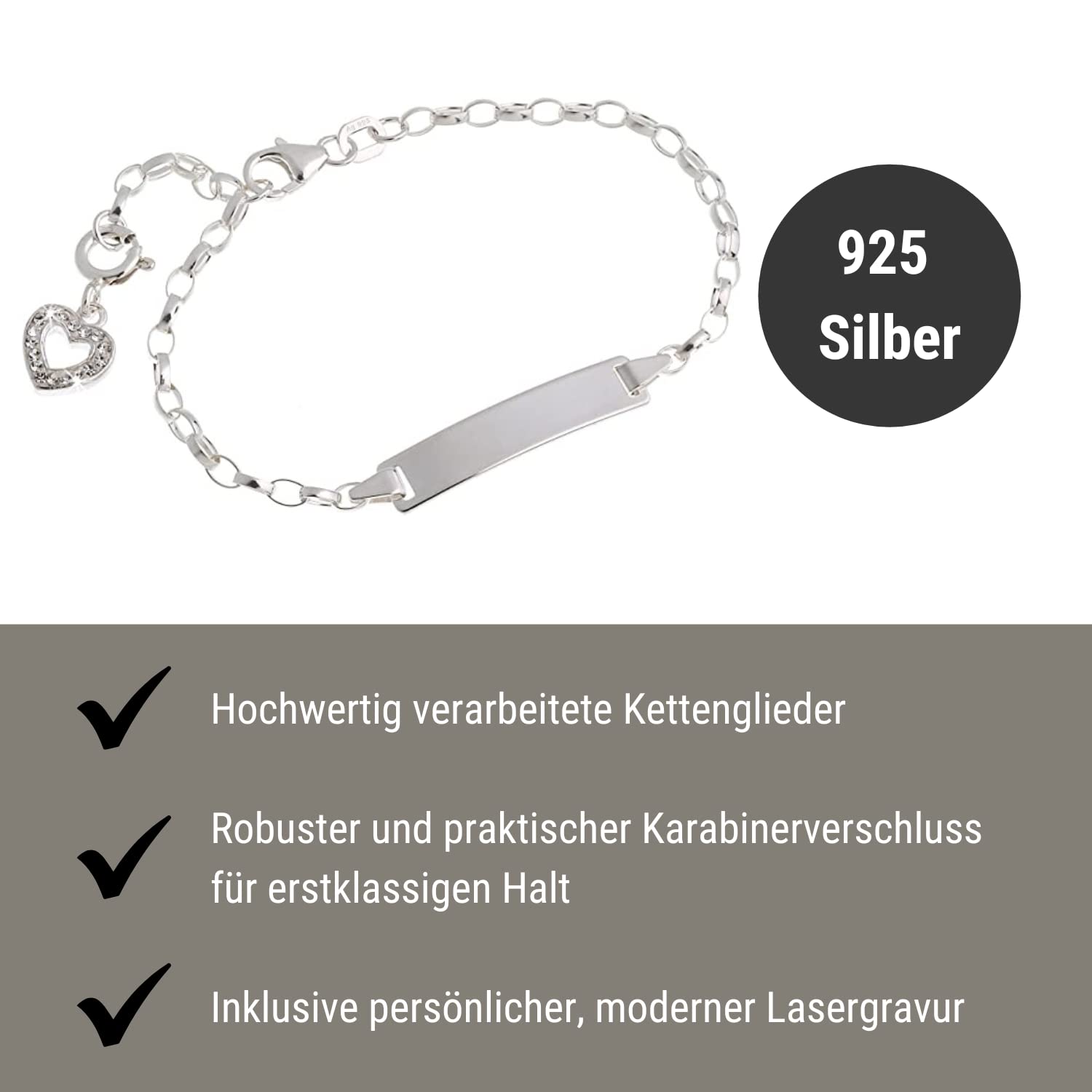 ID-Gravurarmband mit Herz, 925 Silber, inkl. Gravur, 16cm universell verstellbar