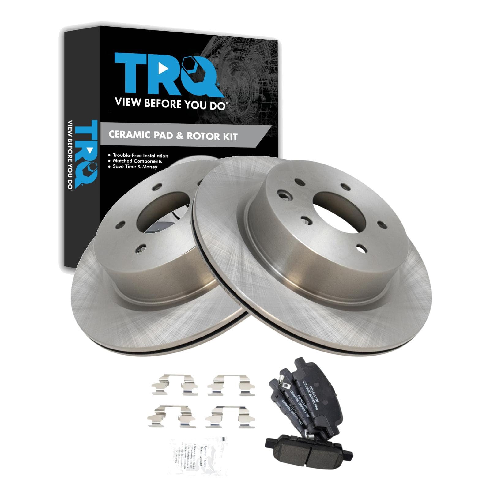TRQ Rear Brake Pad &amp; Rotor Set Ceramic Compatible with 2005-2013 Infiniti G35 2006-2013 M35 2006-2009 M45 2010-2013 EX35 2011-2013 G25 G37 2014-2017 QX50 2015 Q40 2007-2009 Nissan 350Z 2009-2017 370Z