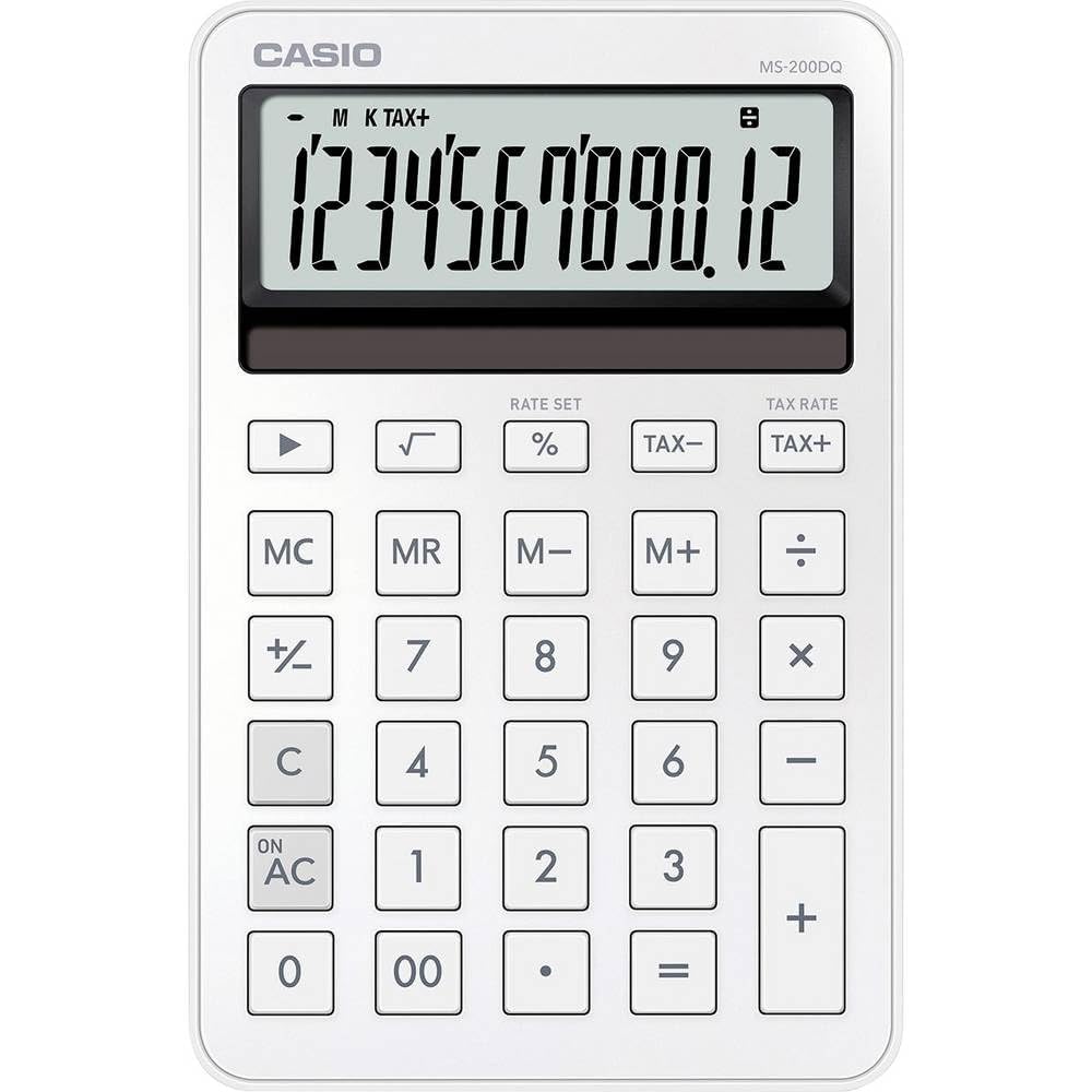 CASIO MS-200DQ-WE stylischer Tischrechner, Weiß, 12-stelliges Display | Großes 12-stelliges Display, Steuerberechnung, Profi-Prozentrechnung, stylisches Design, Gummifüße, Solar-Batteriebetrieb
