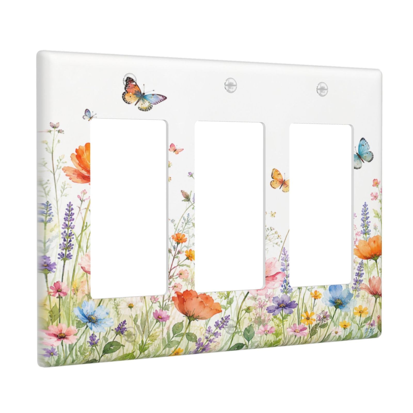 Xuejiaku Decorative Outlet Covers Watercolor Wild Lavender Butterfly Spring Meadow Floral 3 Gang Light Switch Cover Plate Triple Rocker Wall Plates Electrical Switch Plate Covers for Home Decor