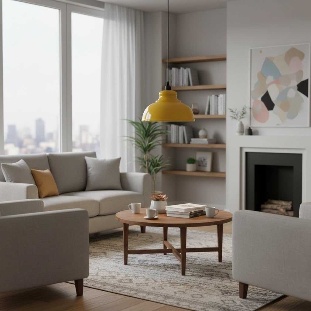 LEDSone Yellow Metal Dome Pendant Light Industrial Farmhouse Hanging Ceiling Fixture E26 Socket Adjustable Cord for Kitchen Island Dining Room Bar and Entryway (Yellow)