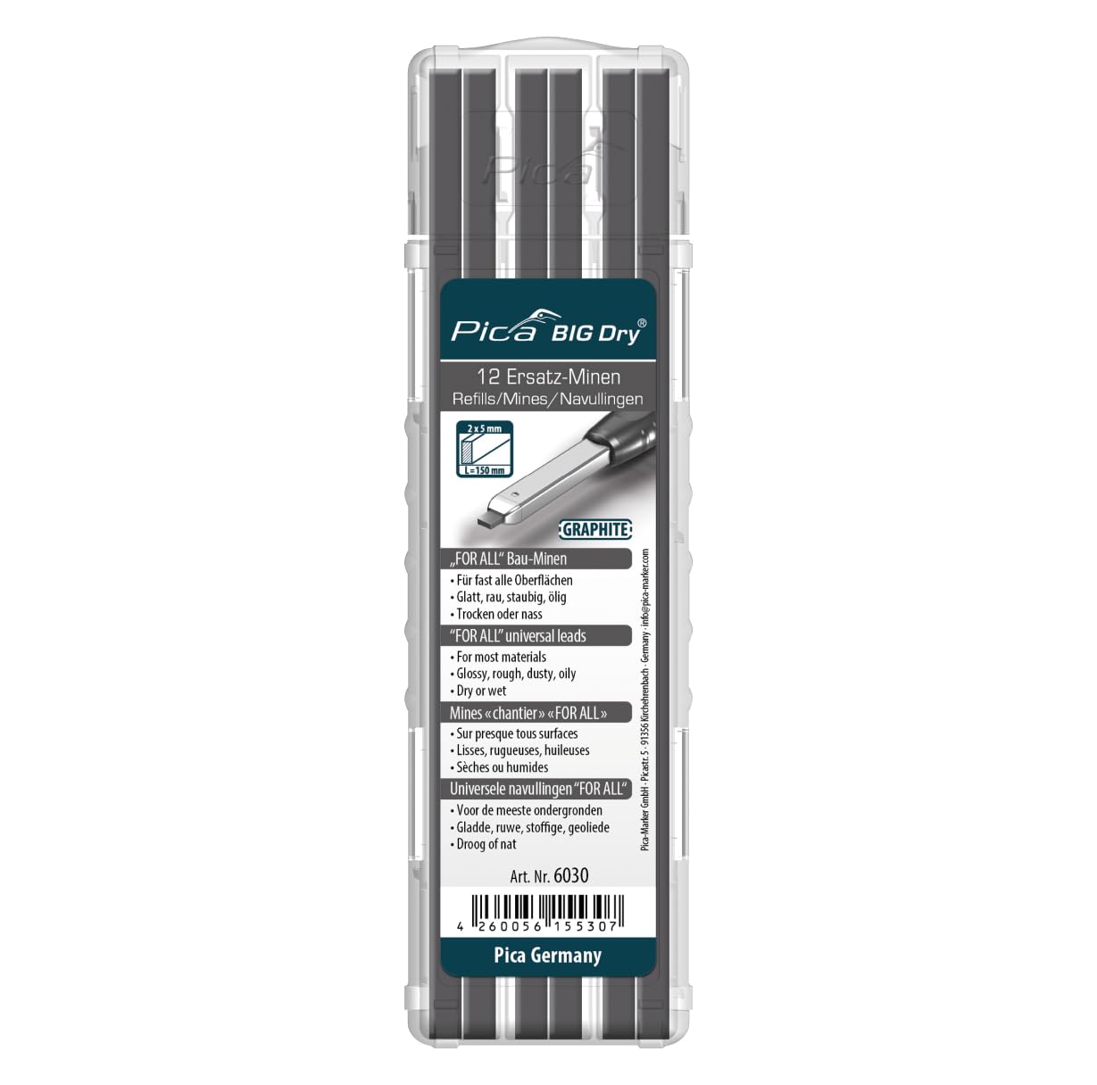 Pica BIG DRY Marker Pen Pack of 12 Pencil Refills Black Graphite Only 6030
