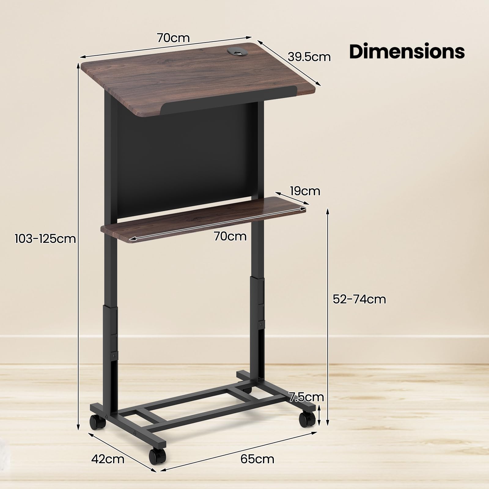 GIANTEX Rednerpult 103-125cm höhenverstellbar, 70 x 42cm Laptoptisch mit 4 Rollen & neigbarer Tischplatte, Mobiler Rednerstand mit Ablage, für Kirche, Klassenzimmer, Konferenz