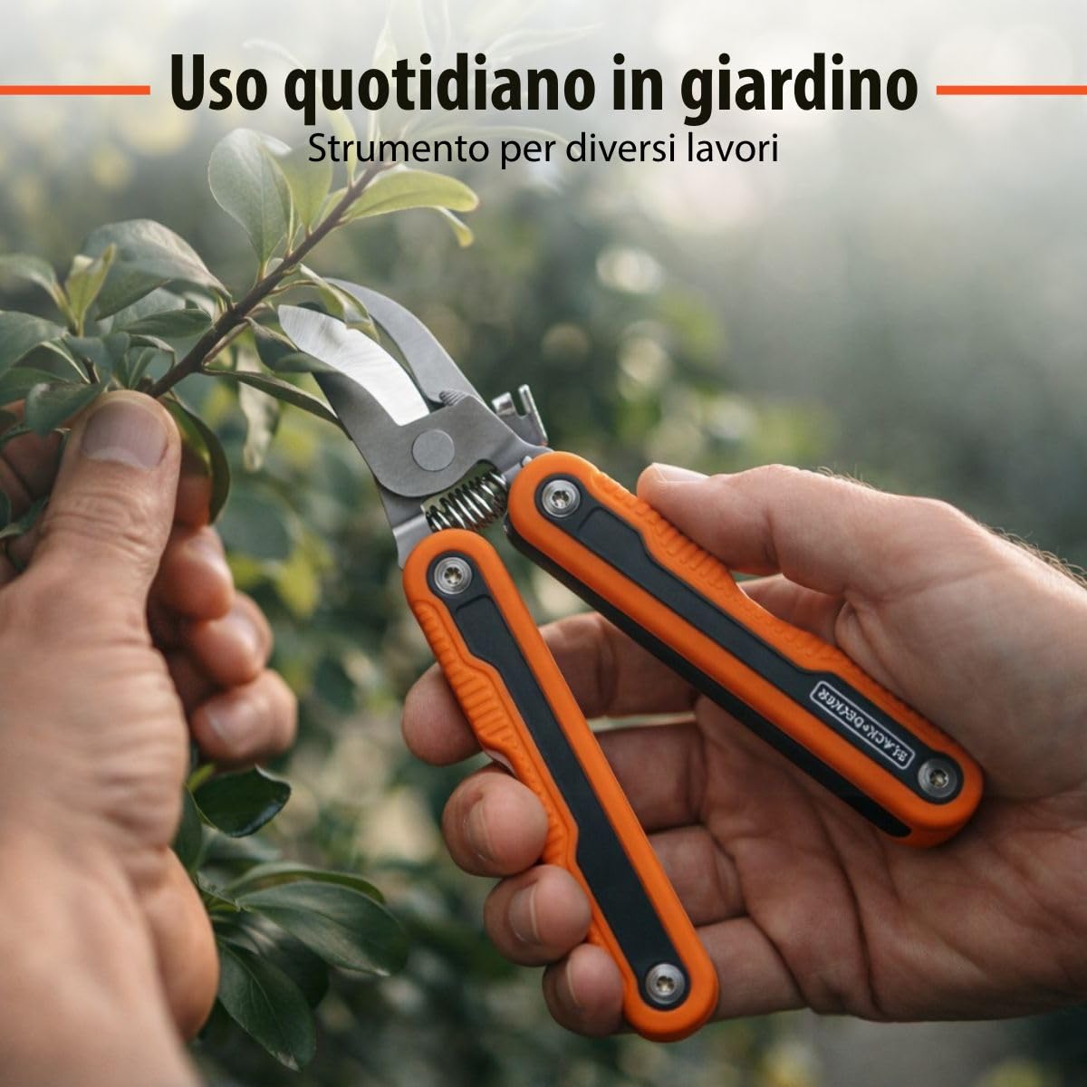 BLACK+DECKER Wielofunkcyjne narzędzie ogrodowe – narzędzie wielofunkcyjne z 6 funkcjami do prac ogrodowych – narzędzie wielofunkcyjne z piłą, nożem i narzędziem do chwastów, w zestawie torba