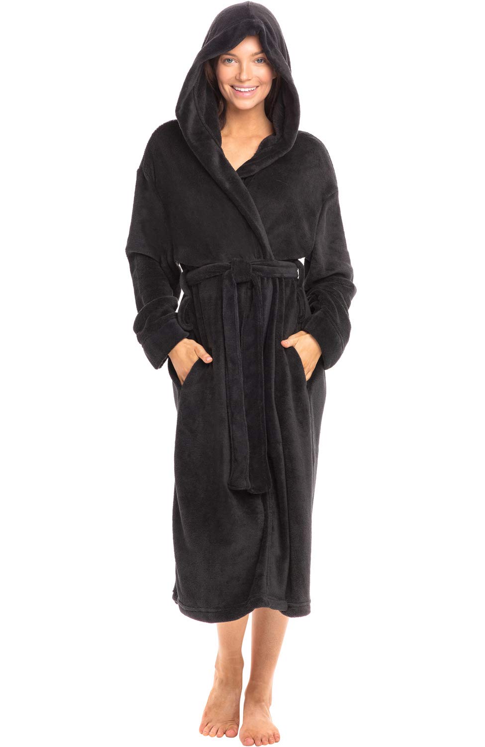 Alexander Del Rossa Womens Plush Fleece Robe with Hood Lightweight Hooded Bathrobe with Pockets