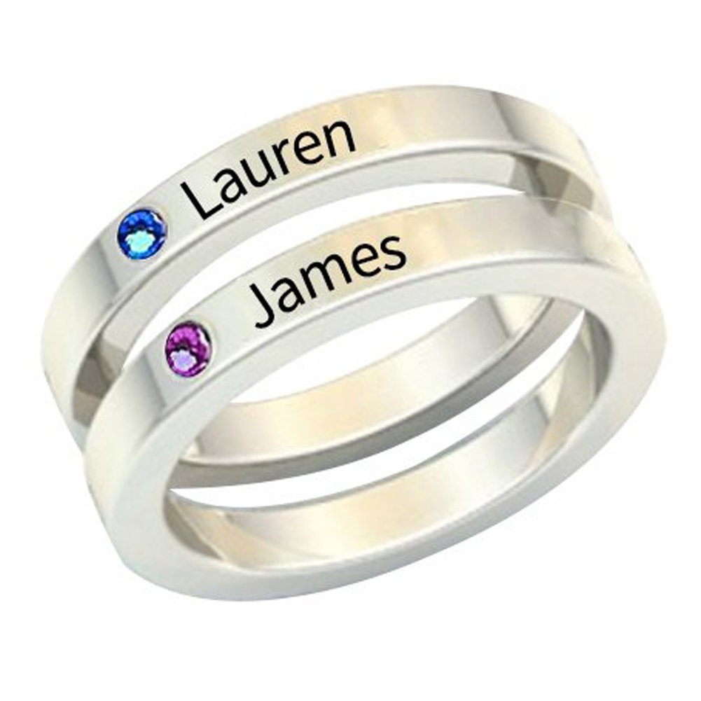Anillo personalizado de plata de ley 925 con piedra natal hecho a medida con cualquier nombre