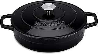 vancasso Emaliowany żeliwny garnek 3 l, 28 cm emaliowany płytkie naczynie do zapiekania ze stalową pokrywą i uchwytem z podwójną pętlą, naturalnie nieprzywierająca emalia kociołek holenderski piekarnik do pieczenia domowego, warkocz, gotowanie - Blcak