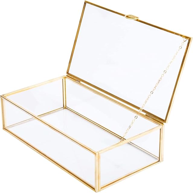 Golden Vintage Glass Lidded Box Edge Bracelet Keepsake Decorative Jewelry Display Personalized Large Clear Rectangle Box Rings Bracelet Golden Organizer Home Decor (8x4.5x2in)