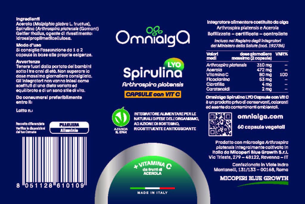 Omnialga Spirulina Lyo Capsule con vitamina C - Micoperi Blue Growth - Made in Italy