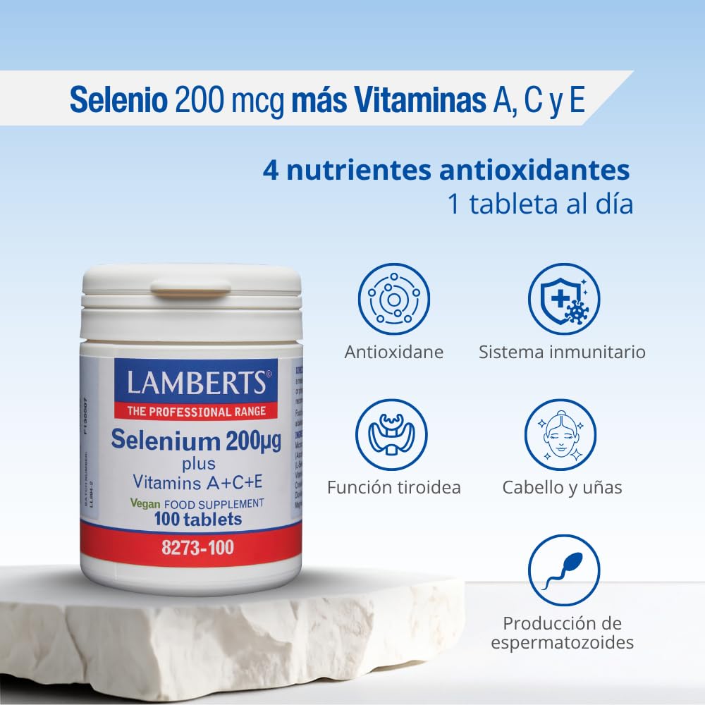 Lamberts Selenio 200 µg + Vitaminas A+C+E | 100 Tabletas | Apto para Veganos | Sin Gluten | Sin OGM | L-Selenometionina | Inmunidad, Cabello, Uñas, Tiroides | Calidad Farmacéutica GMP