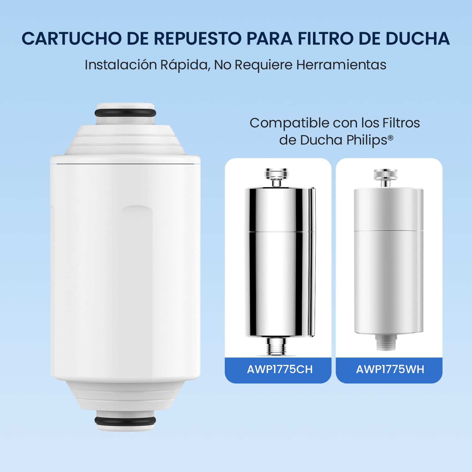 GLACIER FRESH Cartucho de Repuesto Compatible con Philips AWP1775CH y AWP1775WH, Filtro de Ducha, Medio Filtrante KDF, Reduce Cloro y Sedimentos, Hasta 50.000 L, Pack de 3