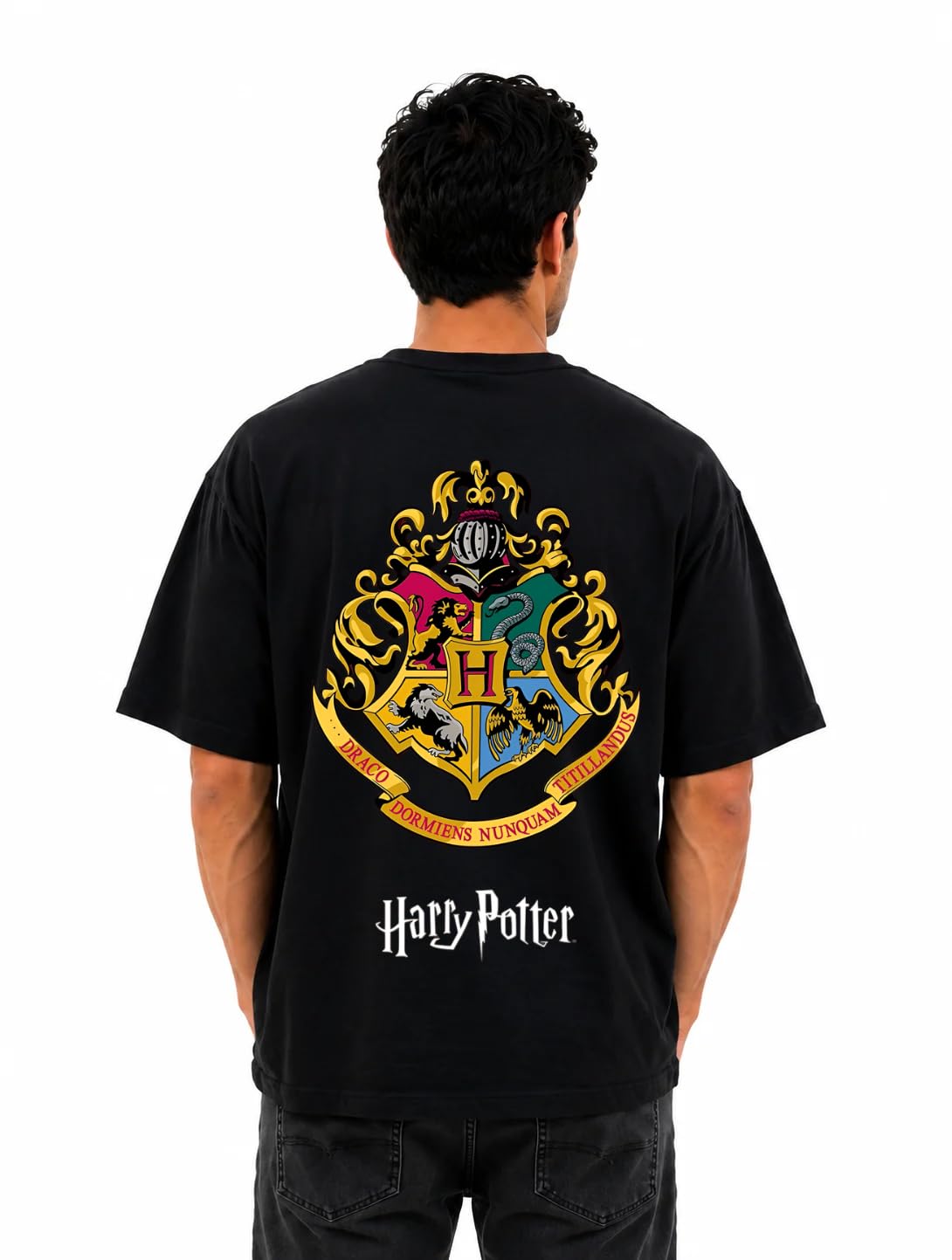 gravity the Fashion hub Men's Harry Potter Hogwarts Crest Printed Oversized Round Neck Pure Cotton T-Shirt, White-picture-34