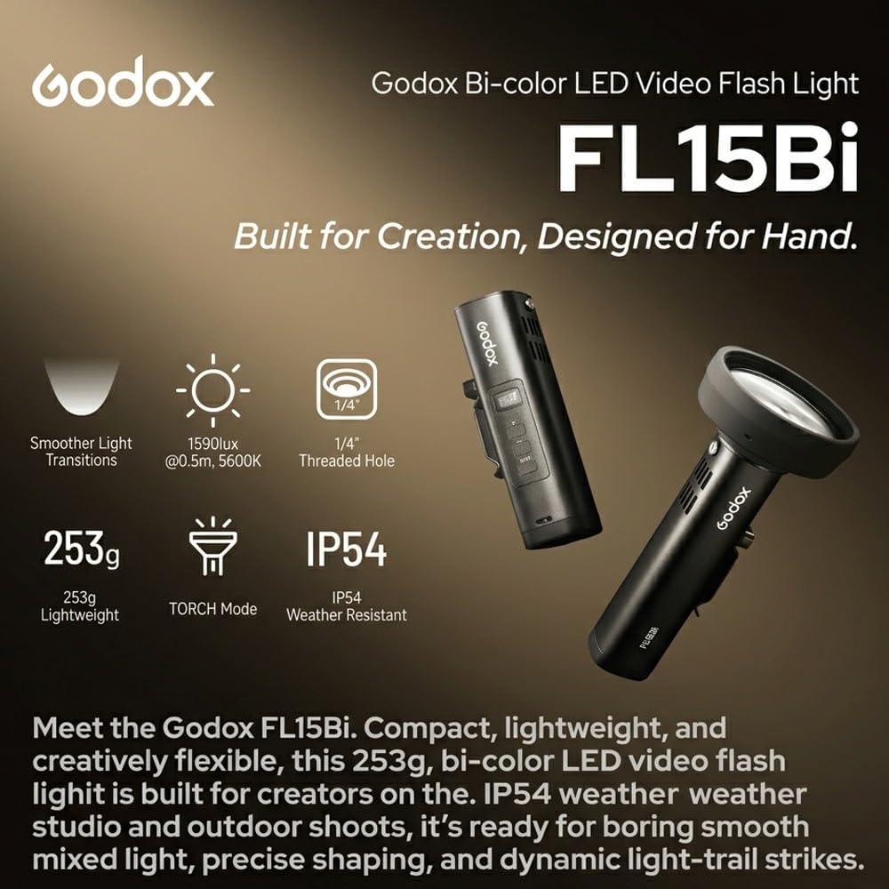 Godox FL15Bi Lampe Vidéo LED de Poche, Éclairage Photographique Bicolore 2800K-6500K avec Lentille Zoom Pliable, 11 Effets FX, Coupe-Flux Magnétique, Étanche IP54, Batterie 4750mAh pour Studio