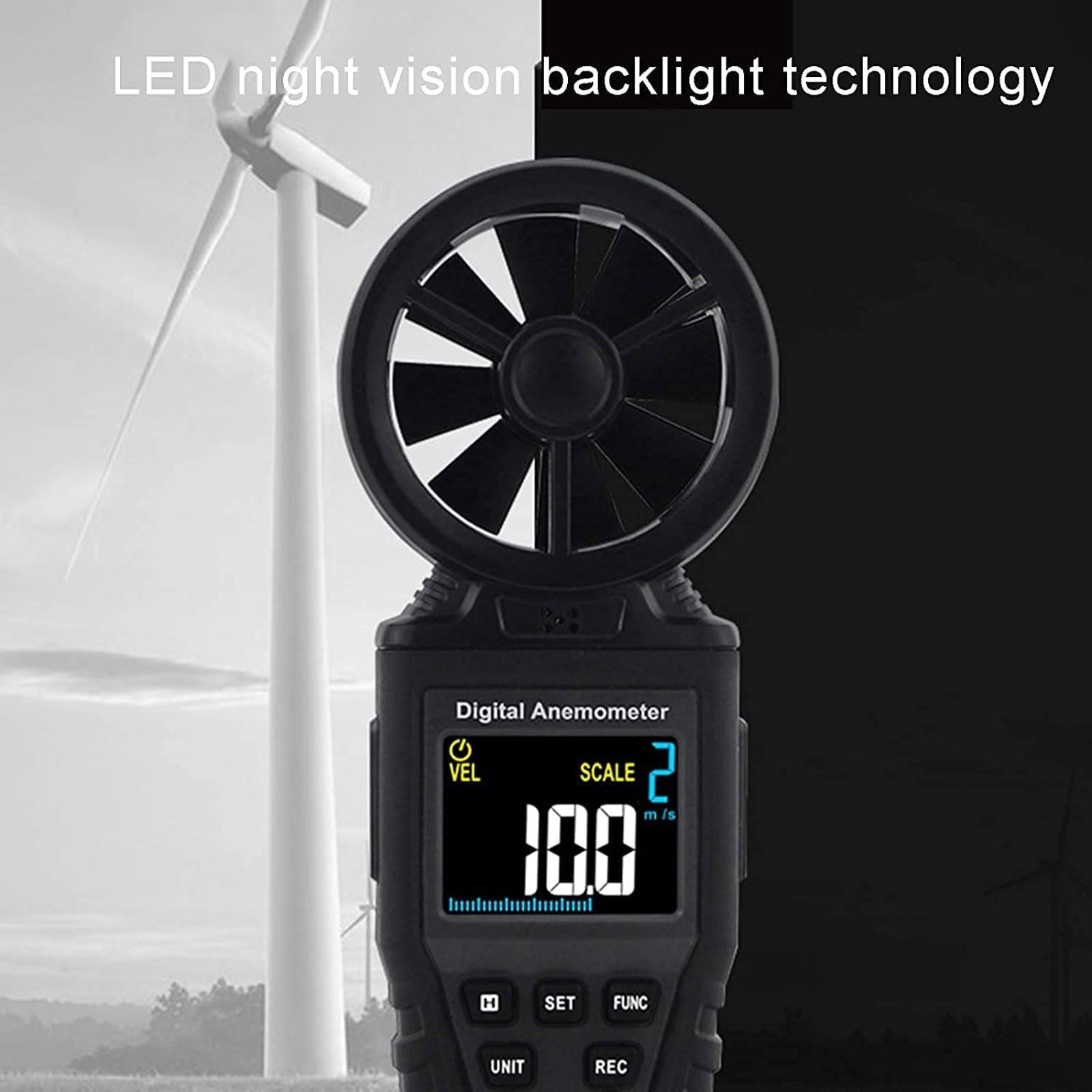 JOSBY Anemómetro con Pantalla Digital LCD, medidor de Flujo de Aire para medir la Velocidad del Viento, la Temperatura y la sensación térmica, Tiempo de muestreo de 0,5 s/Pieza, para Volar y Escalar