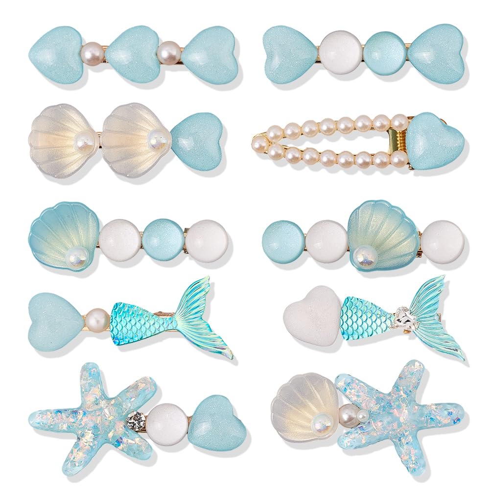 2 Stil 10 Stück Haarspangen Set Mit Blauen Perlen Meerjungfrau Muschel Sommer Strand Pastell Ozean Kunstharz Muschel Seestern Alligator Dekorative Haarspangen In Großpackung Für Frauen Kopfb