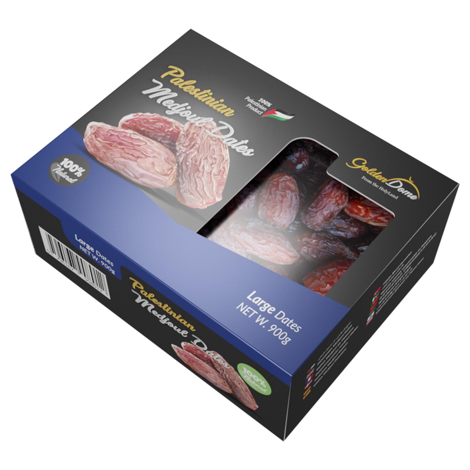 Golden Dome Delicious and Juicy Large Medjool Dates (Box of 900g) - All Natural, No Added Sugar, Free from Additives, Sustainably Grown and Hand-Picked Palestinian Dates