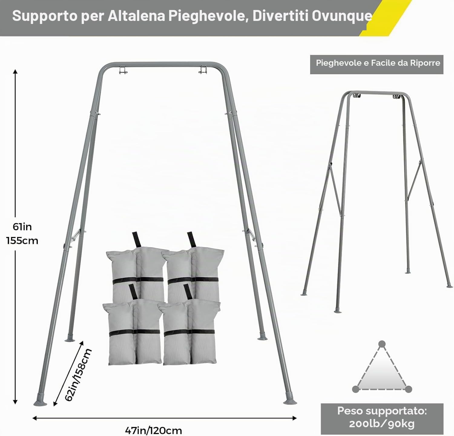 FUNLIO Altalena pieghevole per bambini con 4 sacchi di sabbia, struttura metallica resistente a forma di A per interni/esterni, adatta alla maggior parte dei saltelli/amache per bambini - grigio