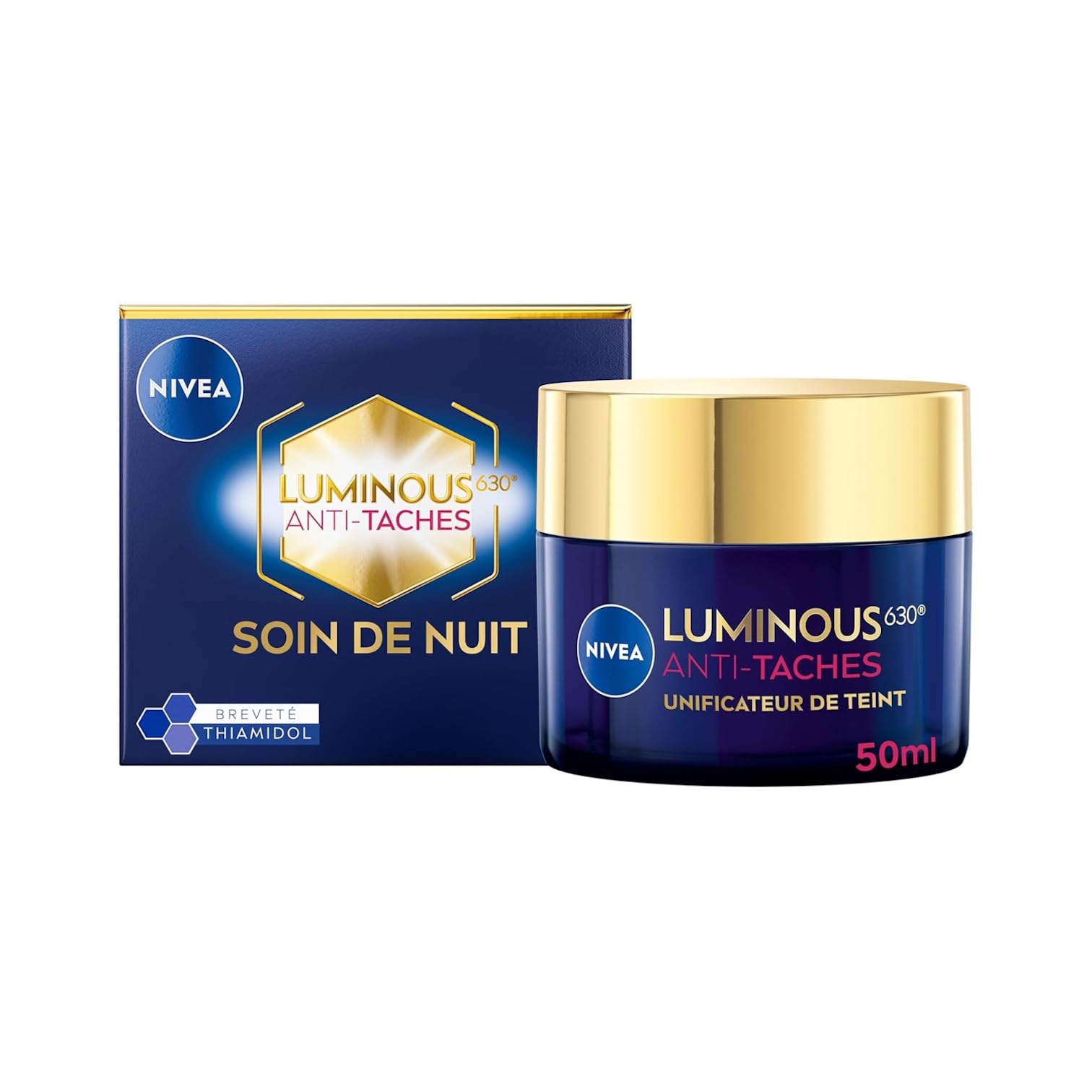 NIVEA Luminous 630 - Crème de Nuit Visage Anti-Tache d'hyperpigmentation - Unificateur de teint pour réduire les signes de l'âge - Crème de nuit au Thiamidol & Acide Hyaluronique - 50 ml