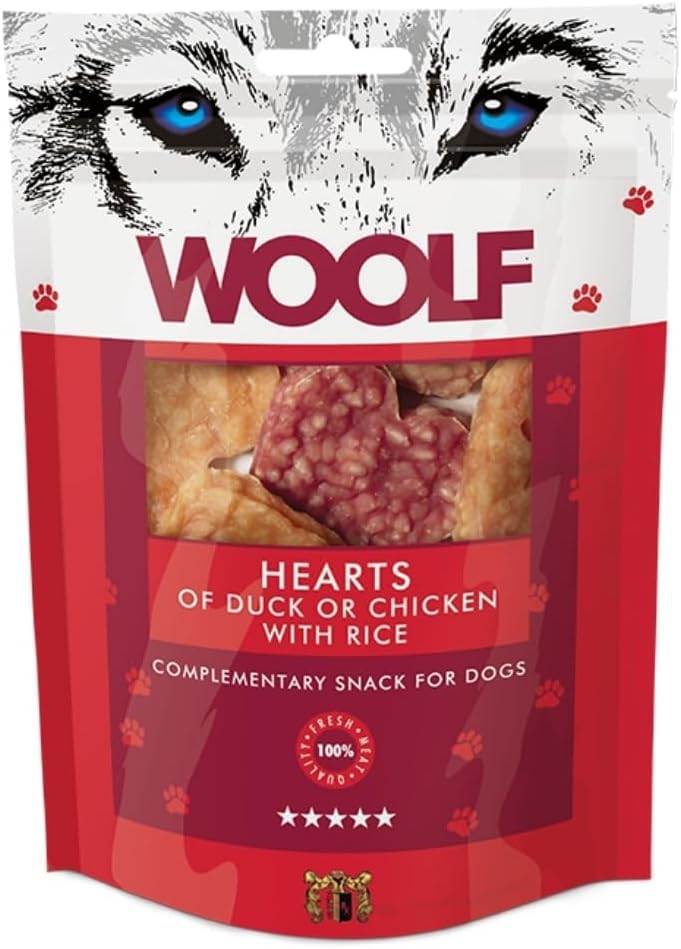 Sparpack 10x100gr - Woolf Snacks von Ente und Huhn für Hunde - Leckerlis, Natürliche herzförmige Leckerlis für Hunde