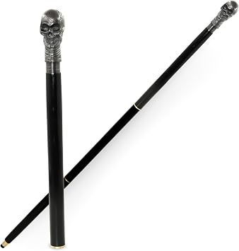 Gothic Skull Walking Cane, Black Wood with Silver Handle, Decorative Walking Stick