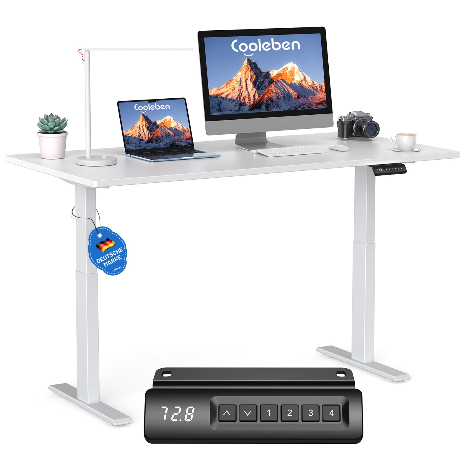 Höhenverstellbarer Schreibtisch mit 2 Motoren, 25 mm starker, einteiliger Nahtloser Tischplatte, mobiler elektrischer Computertisch – perfekte Ergonomie für Ihr Büro (Weiß+Weiß Frame, 140cm*70cm)