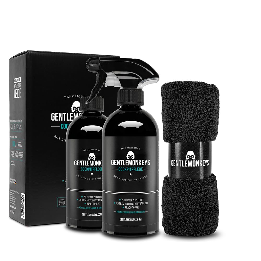 GENTLEMONKEYS Auto Cockpitpflege Set (500ml Cockpitreiniger + Microfasertuch + 500ml Nachfüllflasche) • Cockpit Pflege Auto • Innenraumpflege für Glanz & UV-Schutz • Biologisch abbaubar