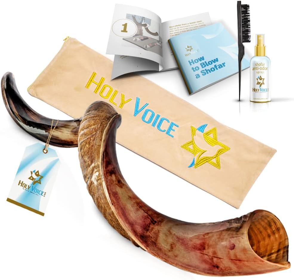 Kosher Kudu Shofar Horn from Israel 32"-36" Traditional Half-Polished Yemenite Shofar Set Includes Carrying Bag, Brush and Blowing Guide - Easy Blowing Ancient Musical Instrument