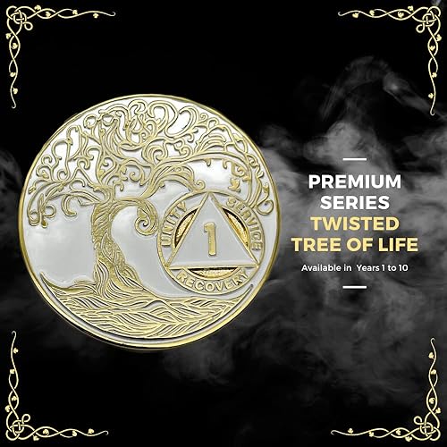 Miniatura 4 de 14 años Sobriety Mint Twisted Tree of Life - Medallón de recuperación AANA chapado en oro, fichas y fichas, color blanco
