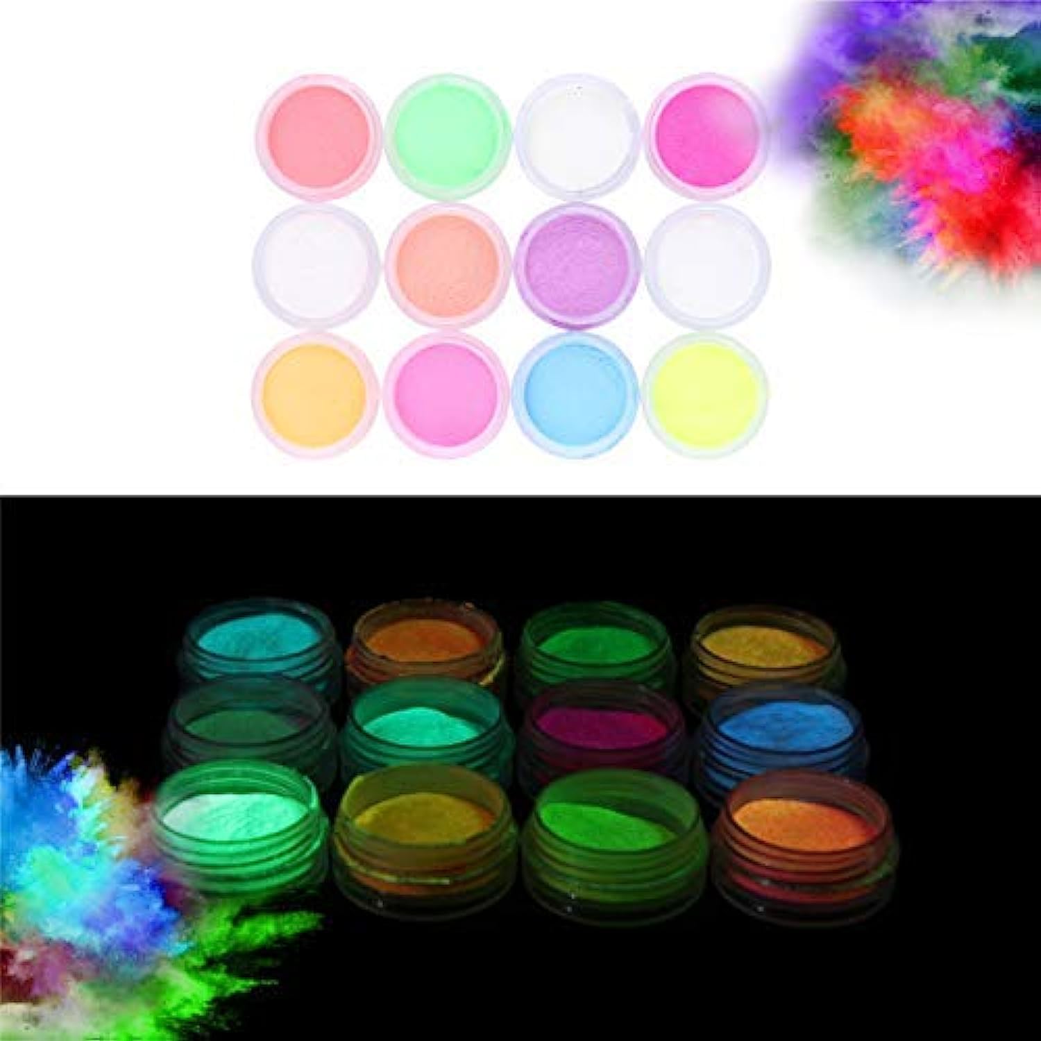 Glow in the Dark Powder –(Pack of 12) Luminous Pigment Powder Fluorescent UV Neon Color Changing luminescent Phosphorescent Thermochromic Dye Dust Glo for Slime Nails Resin Acrylic Paint Ink Non-Toxic