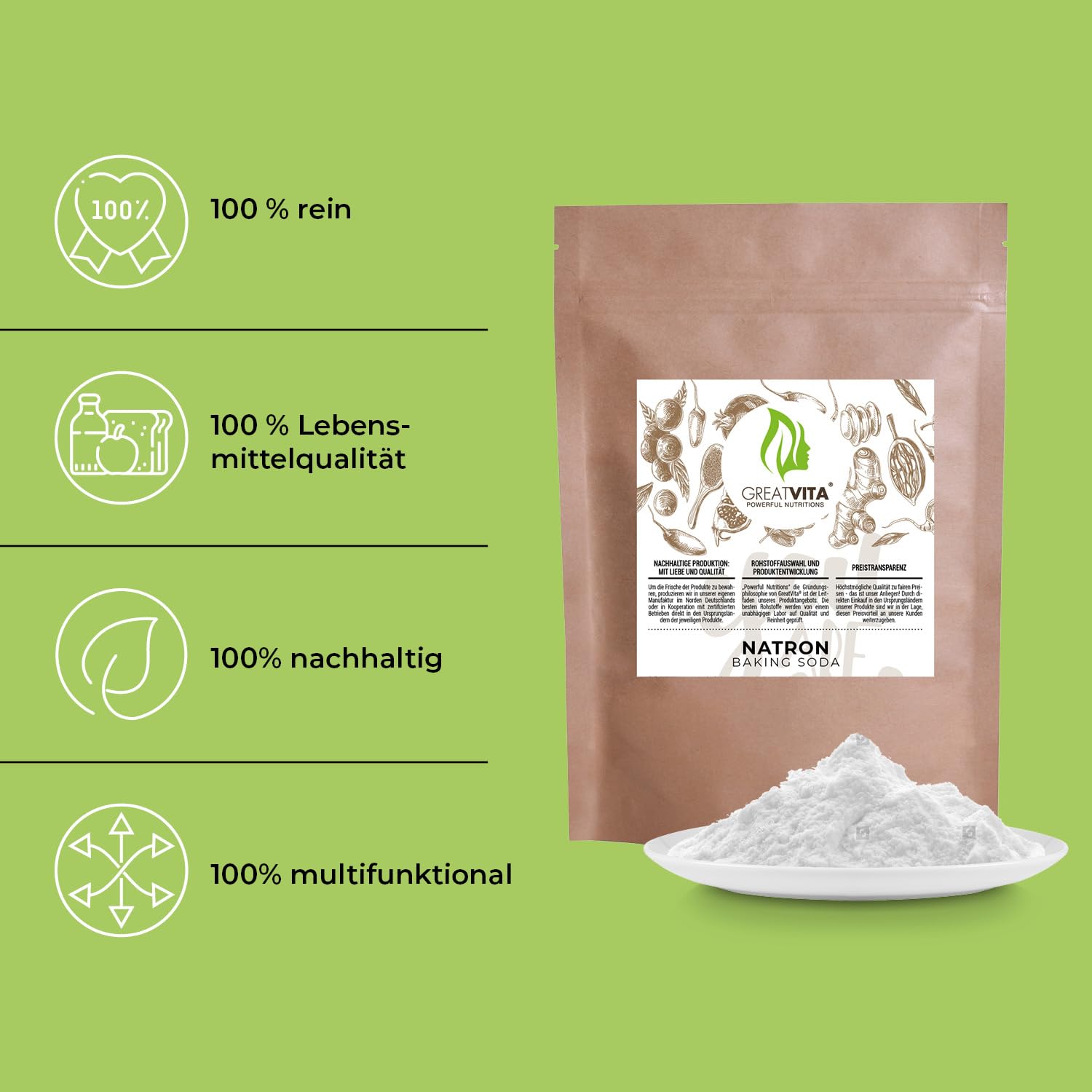 GreatVita Natron Pulver 4.5kg Lebensmittelqualität E500ii - Backpulver Großpackung Natriumhydrogencarbonat - Baking Soda Haushaltsreiniger zum Putzen Backen Umweltfreundlich