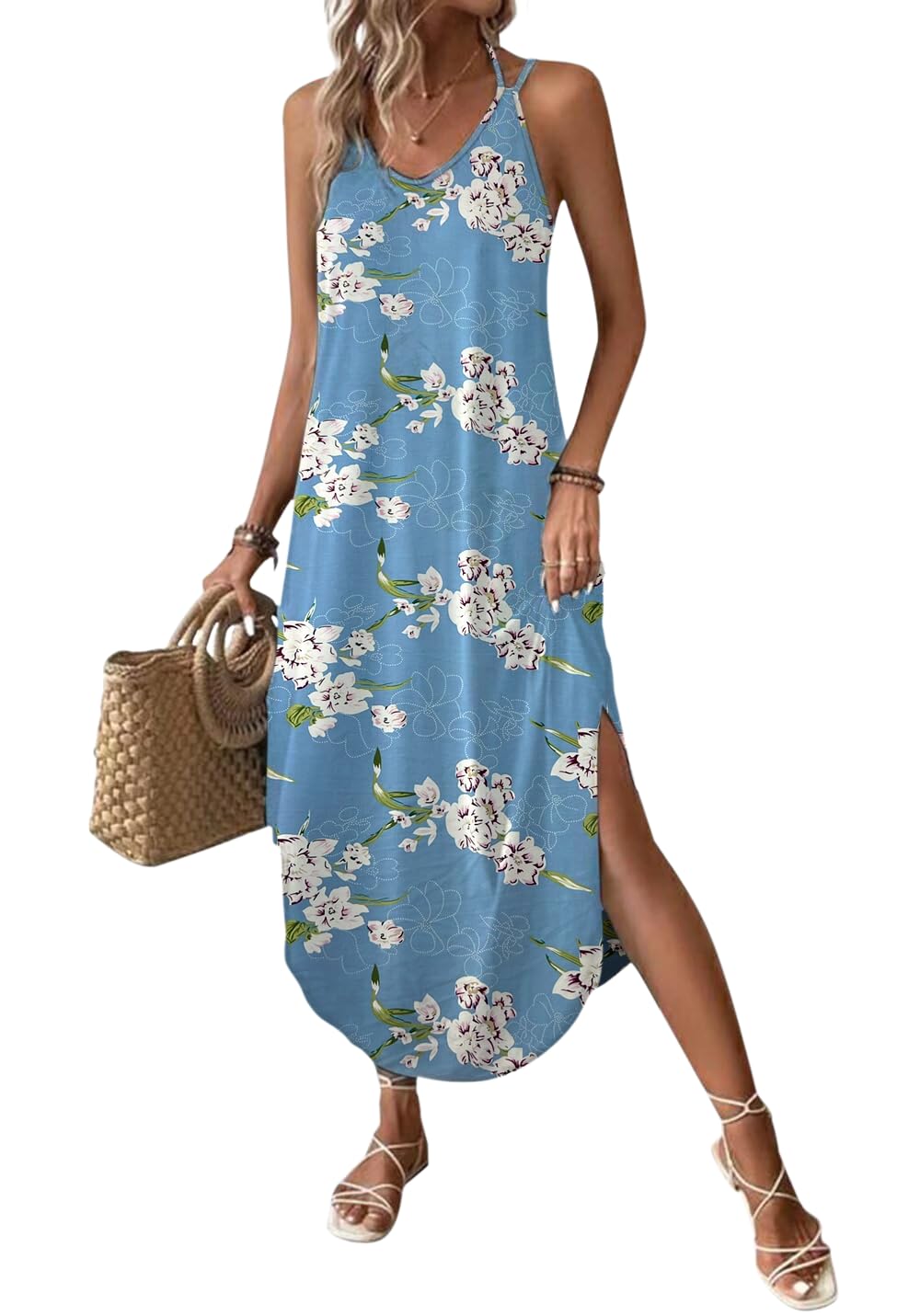 Chicrise Women's Blue And White Floral Pattern Summer Dress Spaghetti Strap Long Summer Sleeveless Maxi Dress V Neck Strappy Dress, Xxl