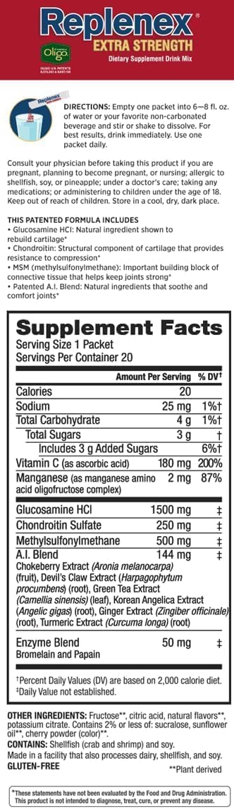 Melaleuca Replenex Extra Strength Joint Health Drink Mix - Pink Lemonade - 20 Packets .25oz Each - Net Weight 5oz
