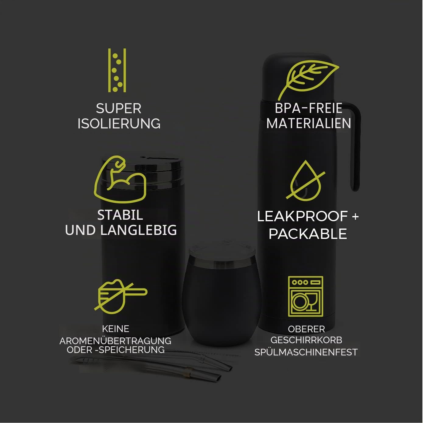 BALIBETOV Komplettes Yerba Mate Set – Moderner Mate Gourd, Thermos, Yerba Behälter, zwei Bombillas und Reinigungsbürste im Lieferumfang enthalten – Alle Premium Qualität 304 18/8 Edelstahl