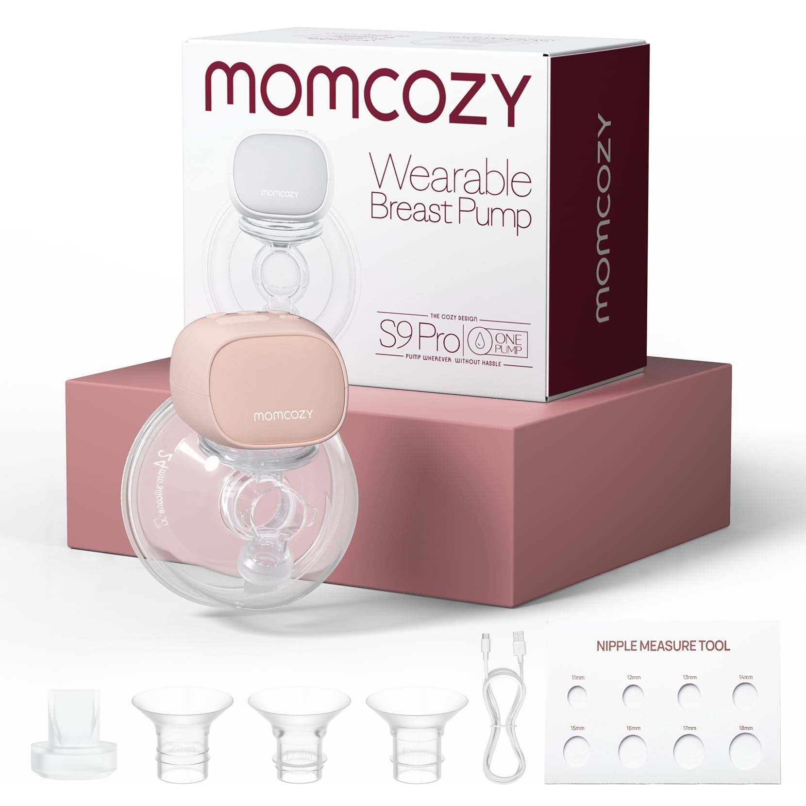 Momcozy S9 Pro Tiralatte Elettrico Indossabile Mani Libere 24mm 285mmHg | 2 Modalità e 9 Livelli,Display LED,Autonomia fino a 270 Min, Silenzioso 50dB, 1 Pezzo,Rosso, 180ml