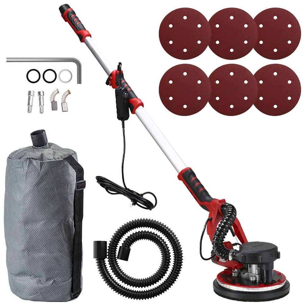Lijadora eléctrica de pared con accesorio de vacío, lijadora de yeso de 1390 W, 50 discos de lijado, velocidad variable, mango extensible, luz LED para proyectos de techo
