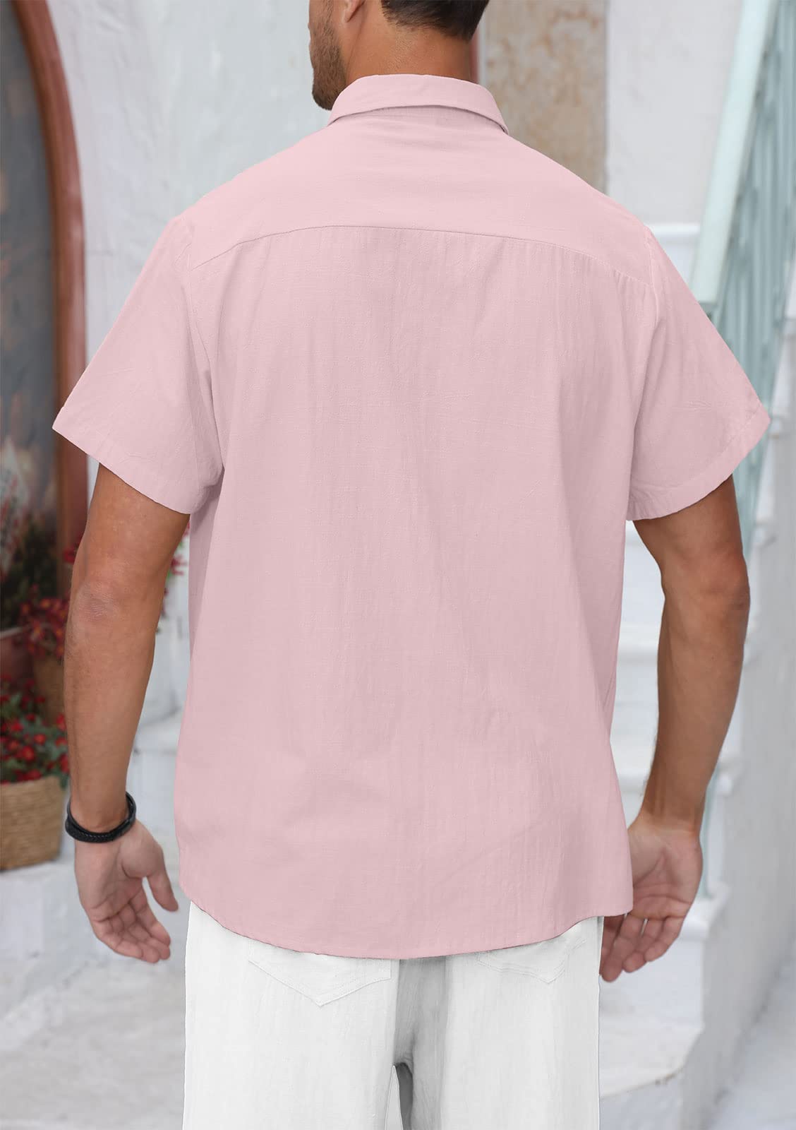 Halfword Uomo Camicia Lino Manica Corta Estiva Casual Risvolto Cotone Hawaiian Tinta Unita Vacanze Beach