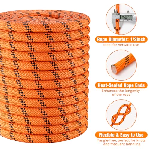 Double Braided Arborist Rigging Rope - 1/2 in X 100 ft 48 Strands Rappelling Outdoor Pulling Heavy Duty Polyester Bull Rope for Swing Tree Work Camping Rescue Hiking Logging - Orange by HOKINETY - Image 4