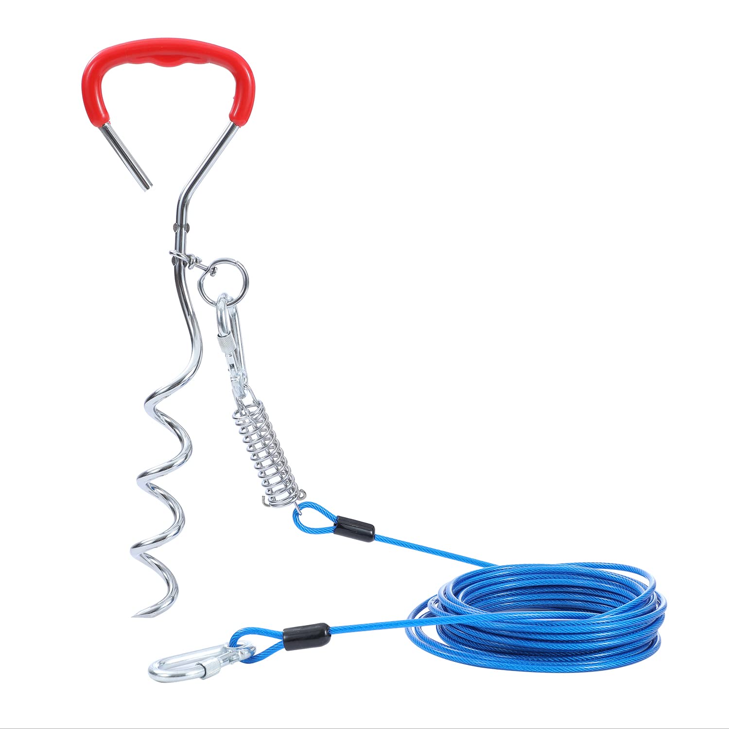 TOPWAY Câble d'attache pour Chien 10m et Piquet en Spirale de 42cm, Chien Cravate Câble pour Le Camping en Plein Air, Bleu + Rouge