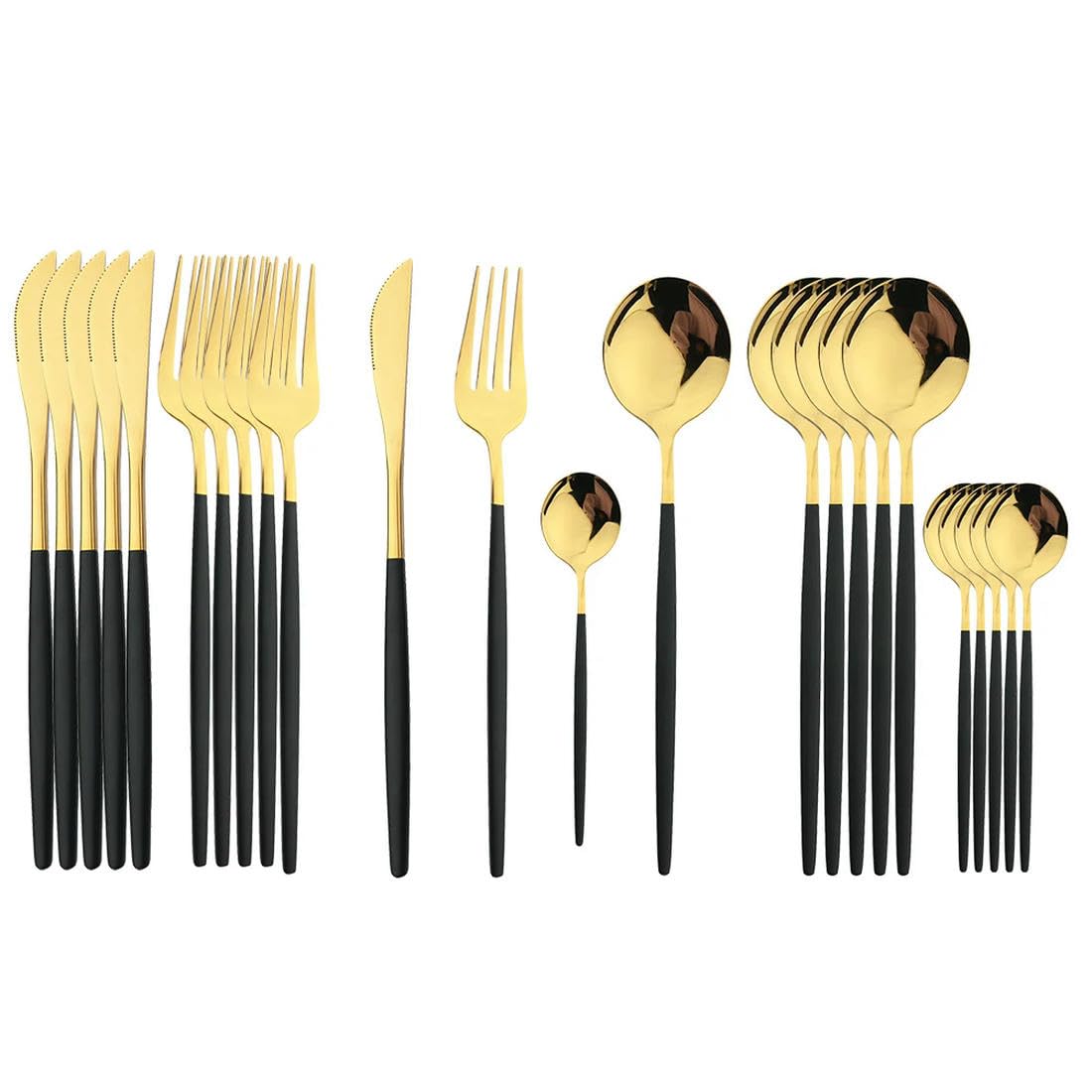 Juego de 24 Cubiertos Dorados con Mango Negro de Acero Inoxidable, Cuchillo, Tenedor, Cuchara, vajilla, Juego de Cubiertos para Festivales, vajilla de Cocina, Regalo